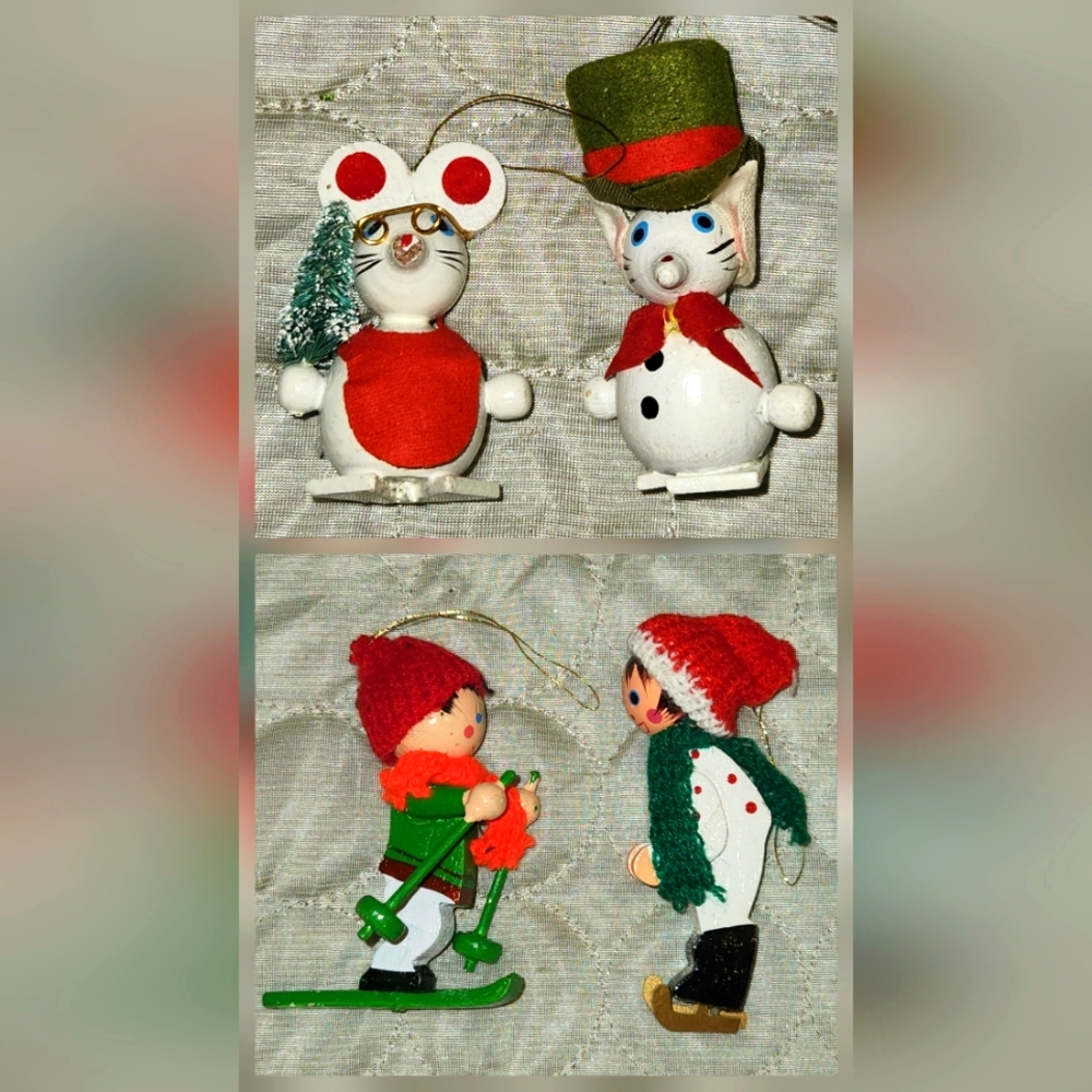LOT of 4 VTG Wooden Hand Painted Christmas Ornaments Holiday Decor Mouse Skater